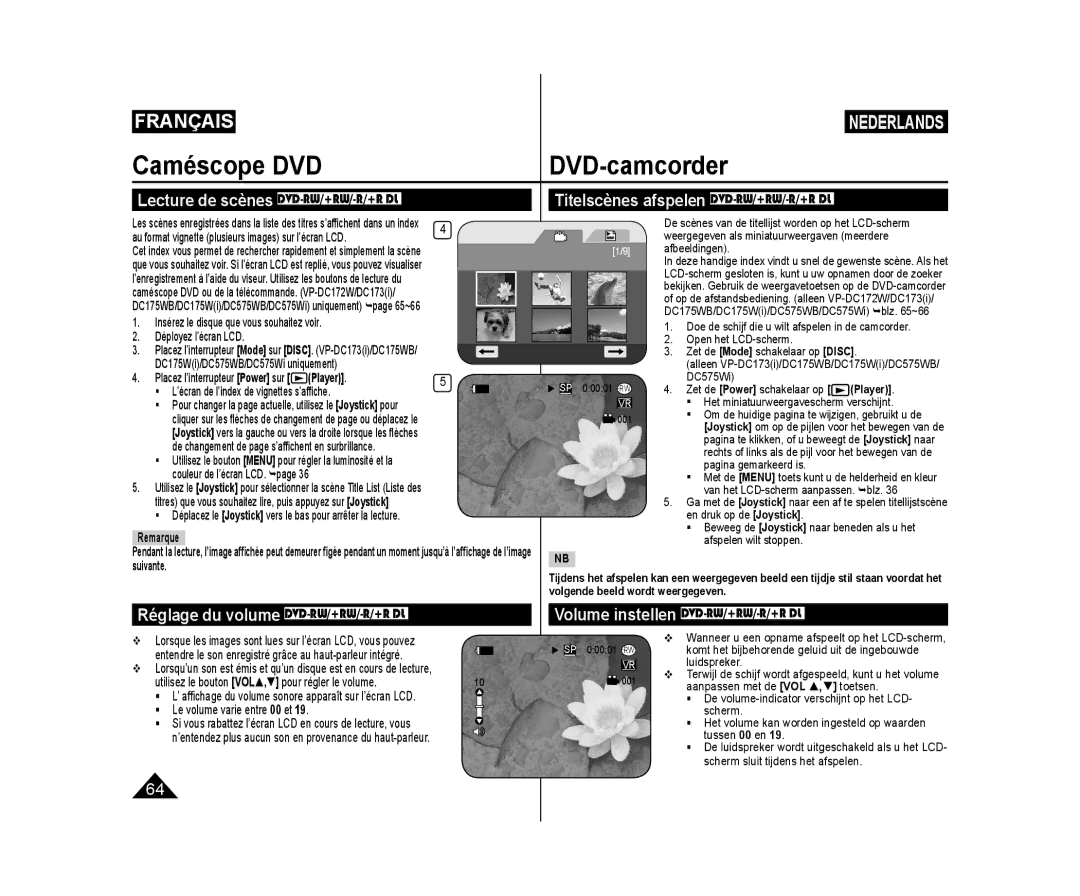 Samsung VP-DC575WB/XEF, VP-DC175WB/XEF, VP-DC171W/KIT Caméscope DVD DVD-camcorder, Titelscènes afspelen DVD-RW/+RW/-R/+R DL 