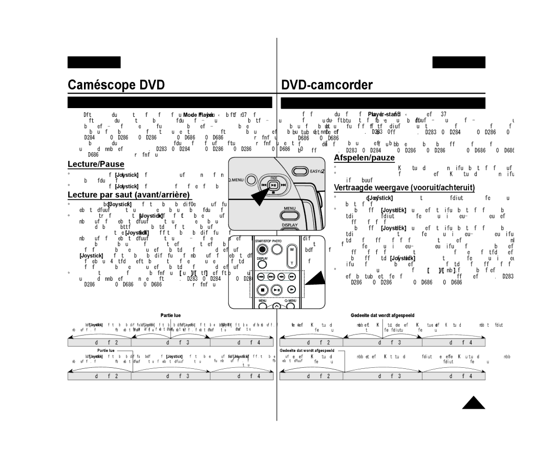 Samsung VP-DC175WB/XEF, VP-DC575WB/XEF, VP-DC171W/KIT manual Lecture/Pause, Lecture par saut avant/arrière, Afspelen/pauze 