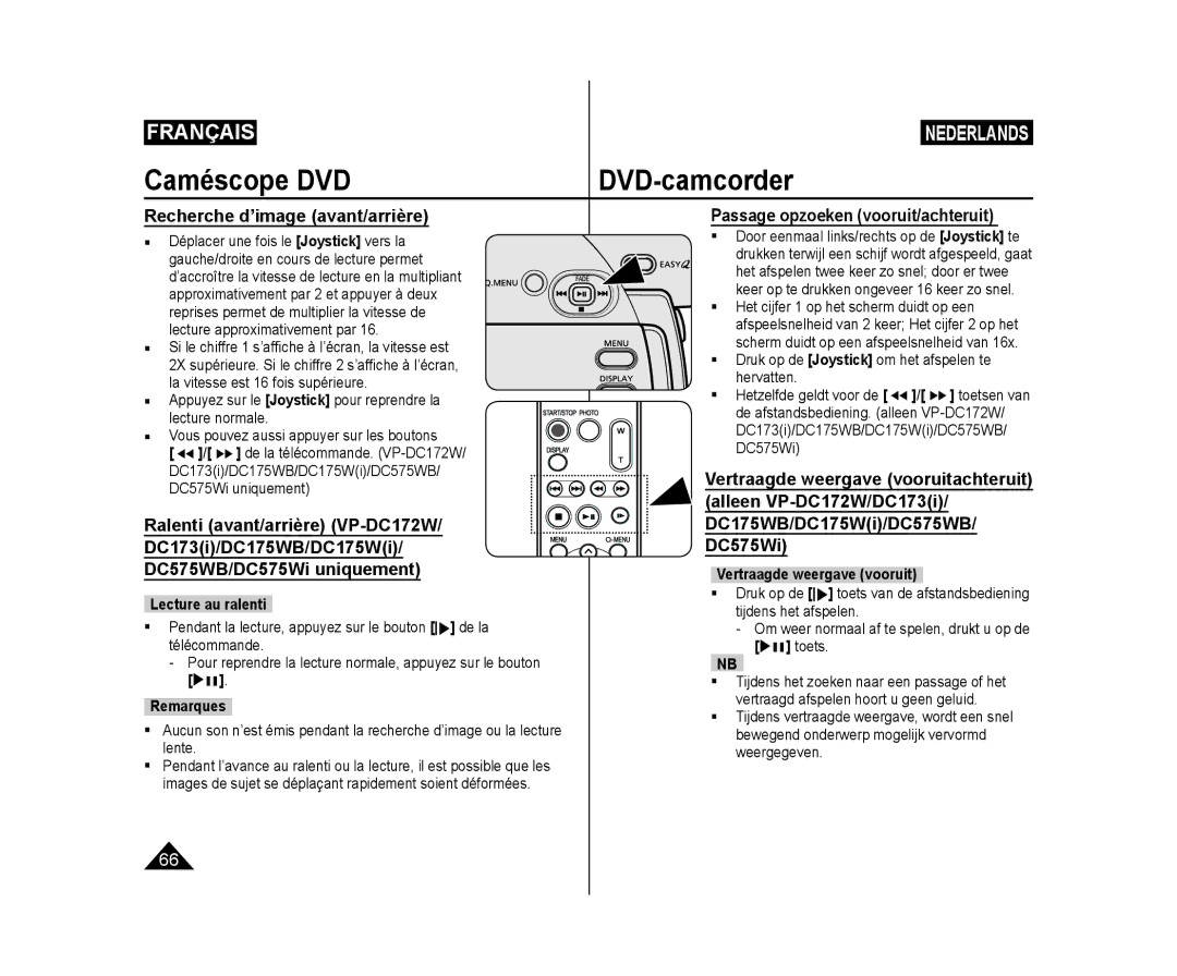 Samsung VP-DC171W/KIT, VP-DC575WB/XEF Caméscope DVD, Recherche d’image avant/arrière, Passage opzoeken vooruit/achteruit 