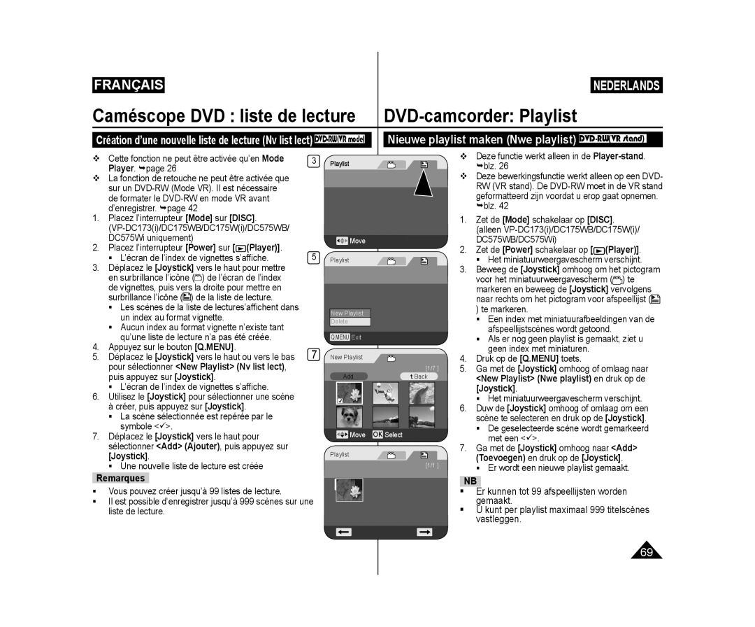 Samsung VP-DC173/XEF, VP-DC575WB/XEF, VP-DC175WB/XEF, VP-DC171W/KIT Caméscope DVD liste de lecture, DVD-camcorder Playlist 