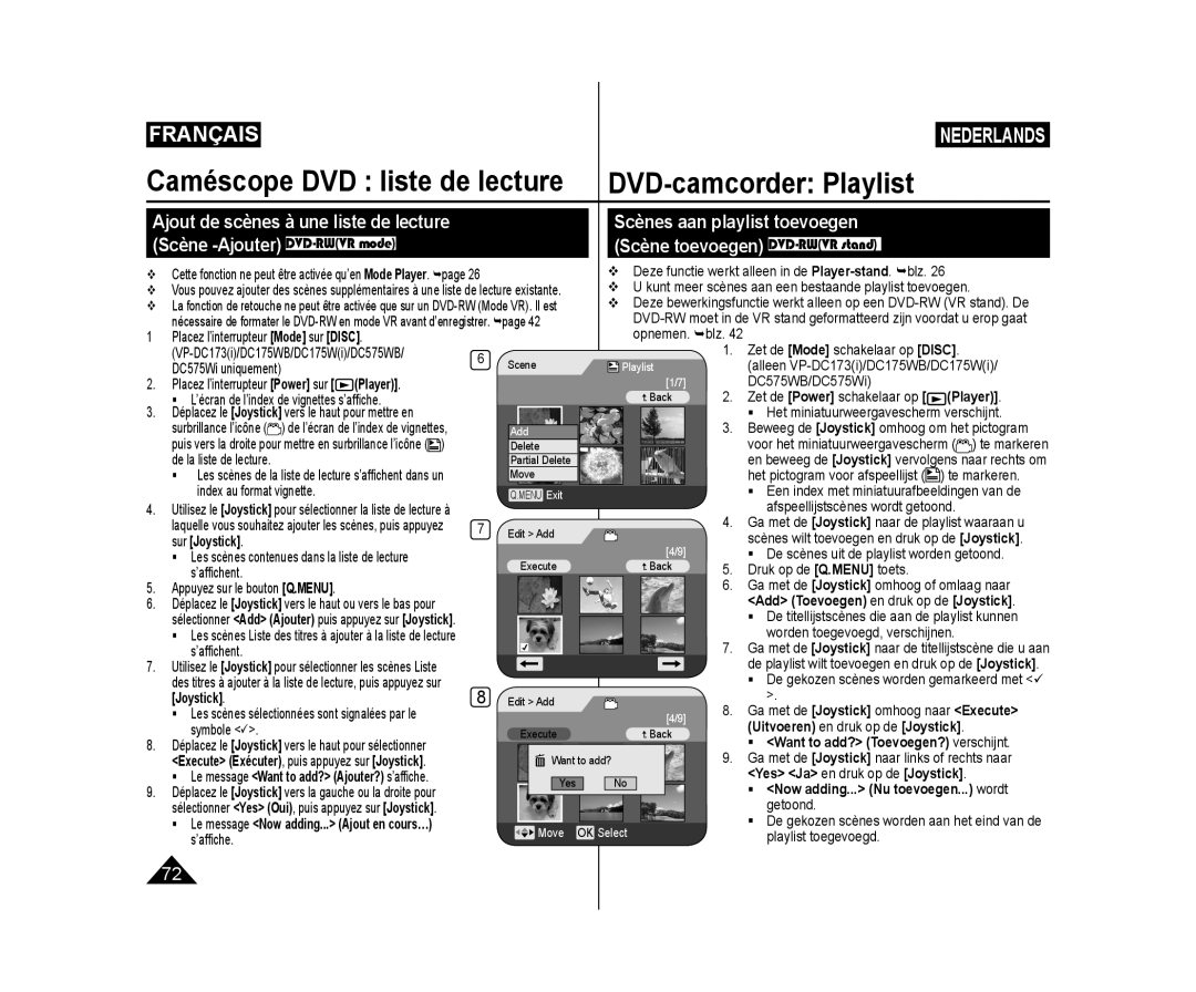 Samsung VP-DC575WB/XEF Scènes aan playlist toevoegen Scène -Ajouter DVD-RWVR mode, Ajout de scènes à une liste de lecture 