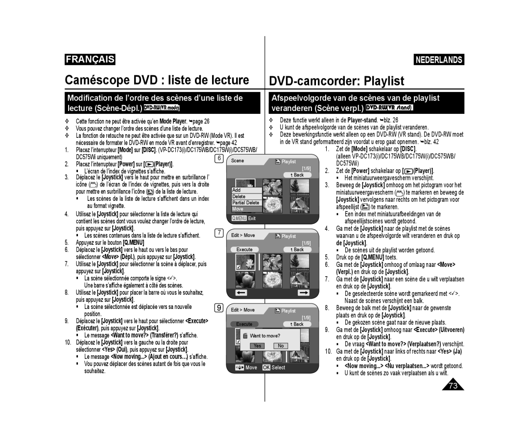 Samsung VP-DC175WB/XEF manual Caméscope DVD liste de lecture DVD-camcorder Playlist, Exécuter, puis appuyez sur Joystick 