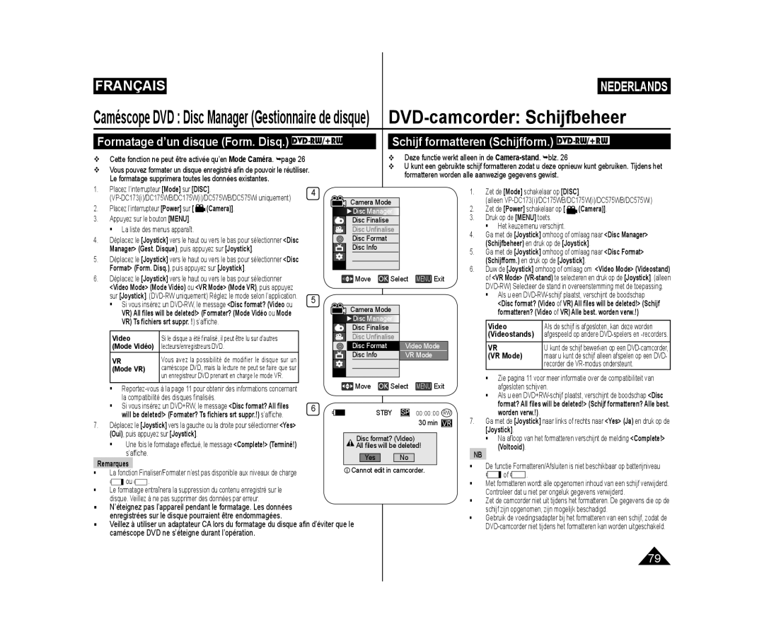 Samsung VP-DC171W/XEF manual Schijf formatteren Schijfform. DVD-RW/+RW, Caméscope DVD Disc Manager Gestionnaire de disque 