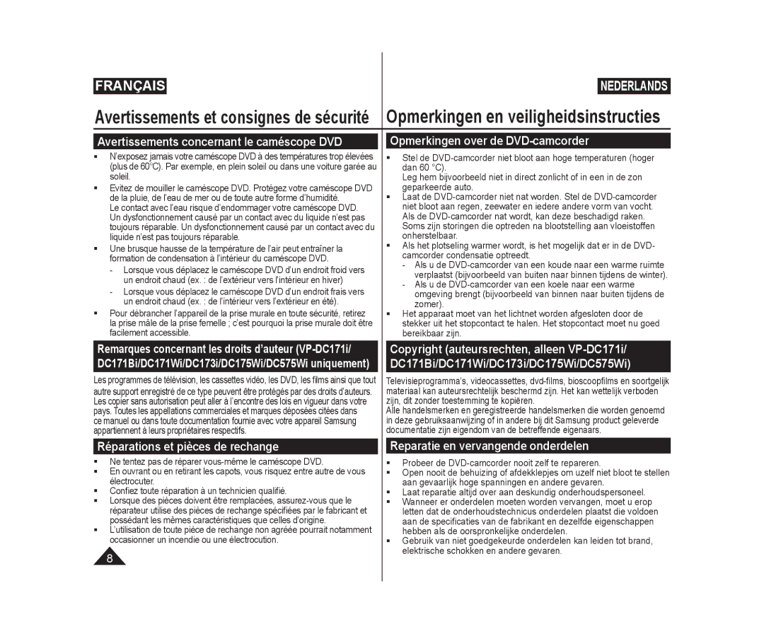 Samsung VP-DC575WB/XEF, VP-DC175WB/XEF manual Avertissements concernant le caméscope DVD, Opmerkingen over de DVD-camcorder 