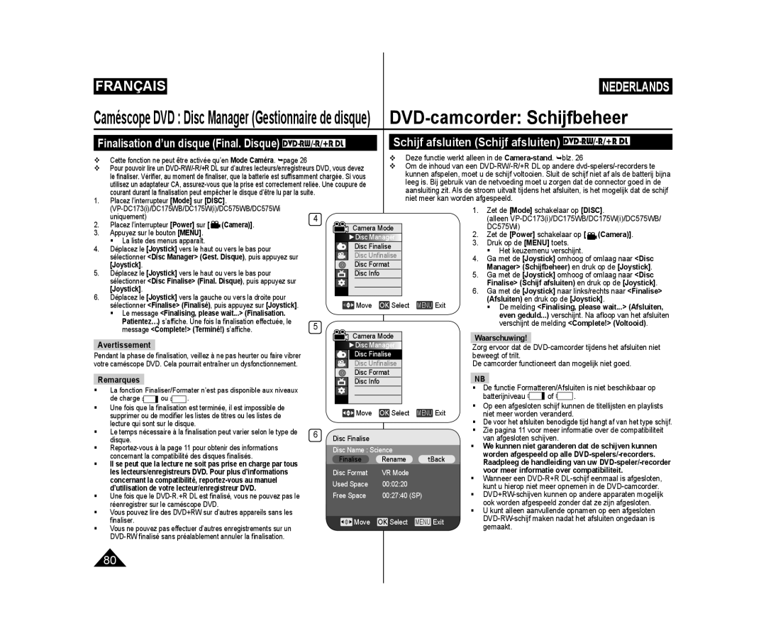 Samsung VP-DC575WB/XEF, VP-DC175WB/XEF, VP-DC171W/KIT manual Schijf afsluiten Schijf afsluiten DVD-RW/-R/+R DL, Avertissement 