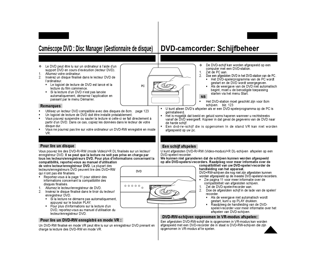 Samsung VP-DC175WB/XEF manual Weergeven op een PC met DVD-station, Lecture sur un ordinateur équipé d’un lecteur DVD 