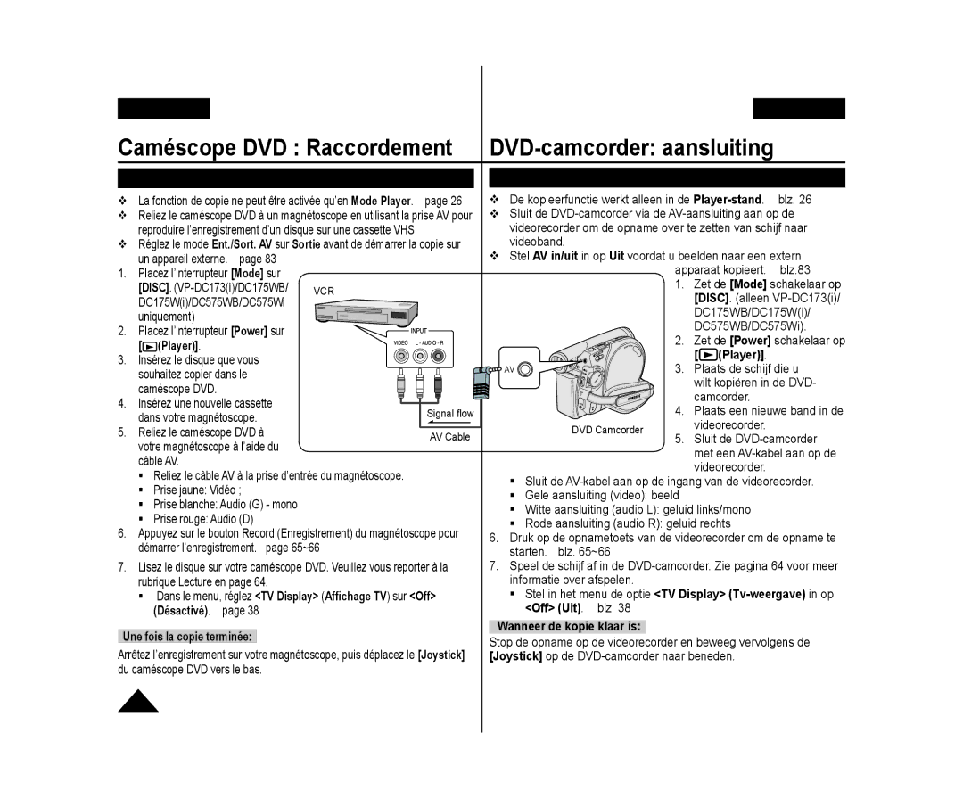 Samsung VP-DC171/BAT, VP-DC575WB/XEF, VP-DC175WB/XEF Copie d’un disque sur une cassette, Schijf naar videoband kopiëren 