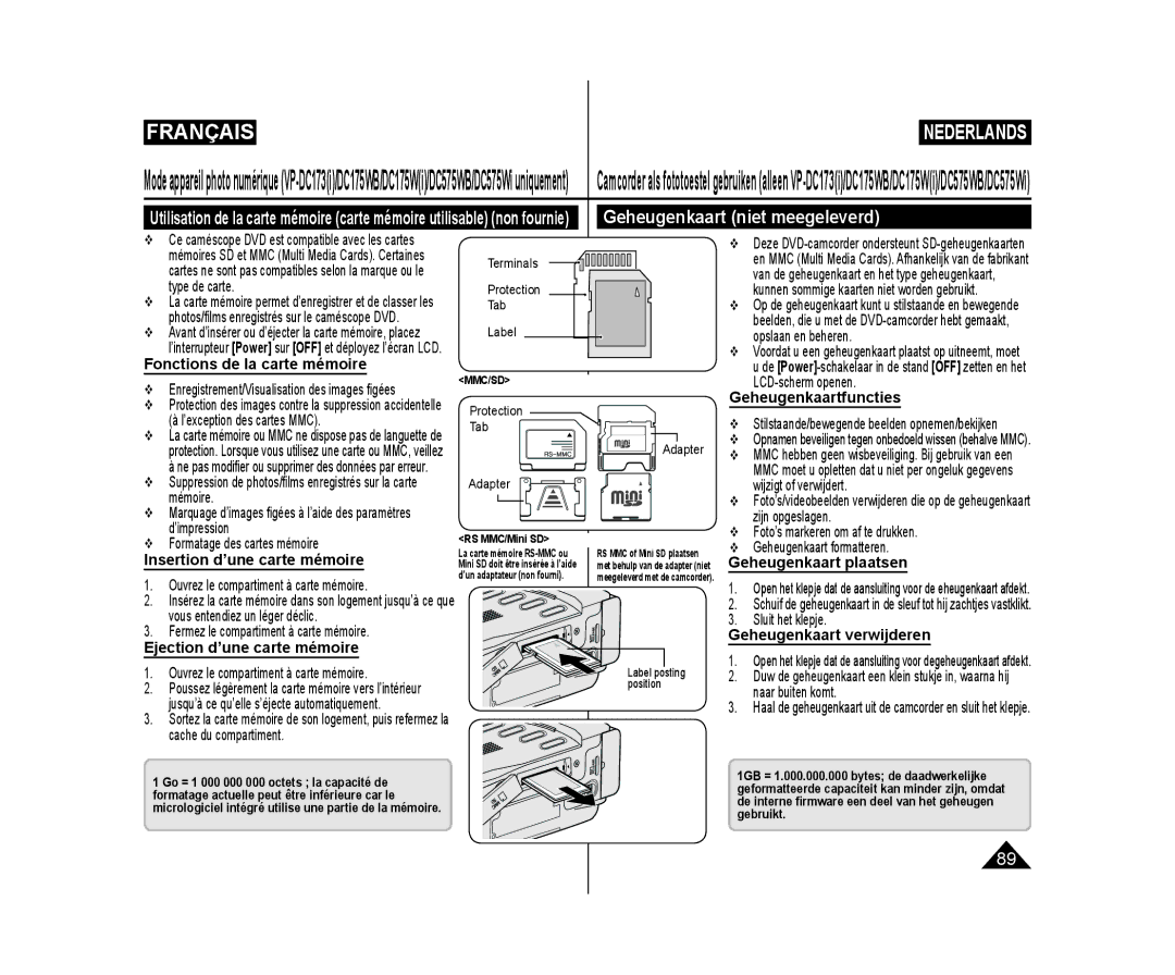 Samsung VP-DC175WB/XEF, VP-DC575WB/XEF, VP-DC171W/KIT, VP-DC171/XEF, VP-DC575WB/XEU manual Geheugenkaart niet meegeleverd 