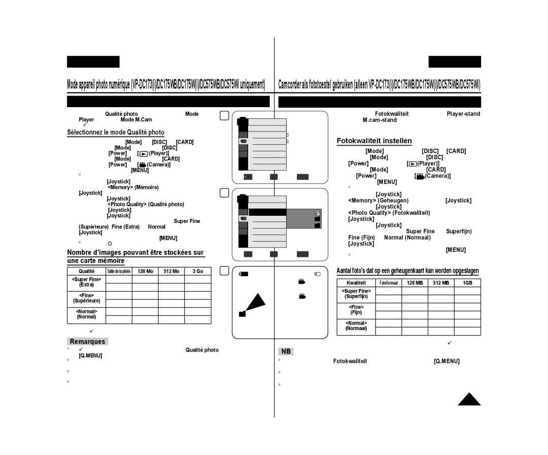 Samsung VP-DC171/XEF, VP-DC575WB/XEF manual Sélectionnez le mode Qualité photo, Fotokwaliteit instellen, Une carte mémoire 