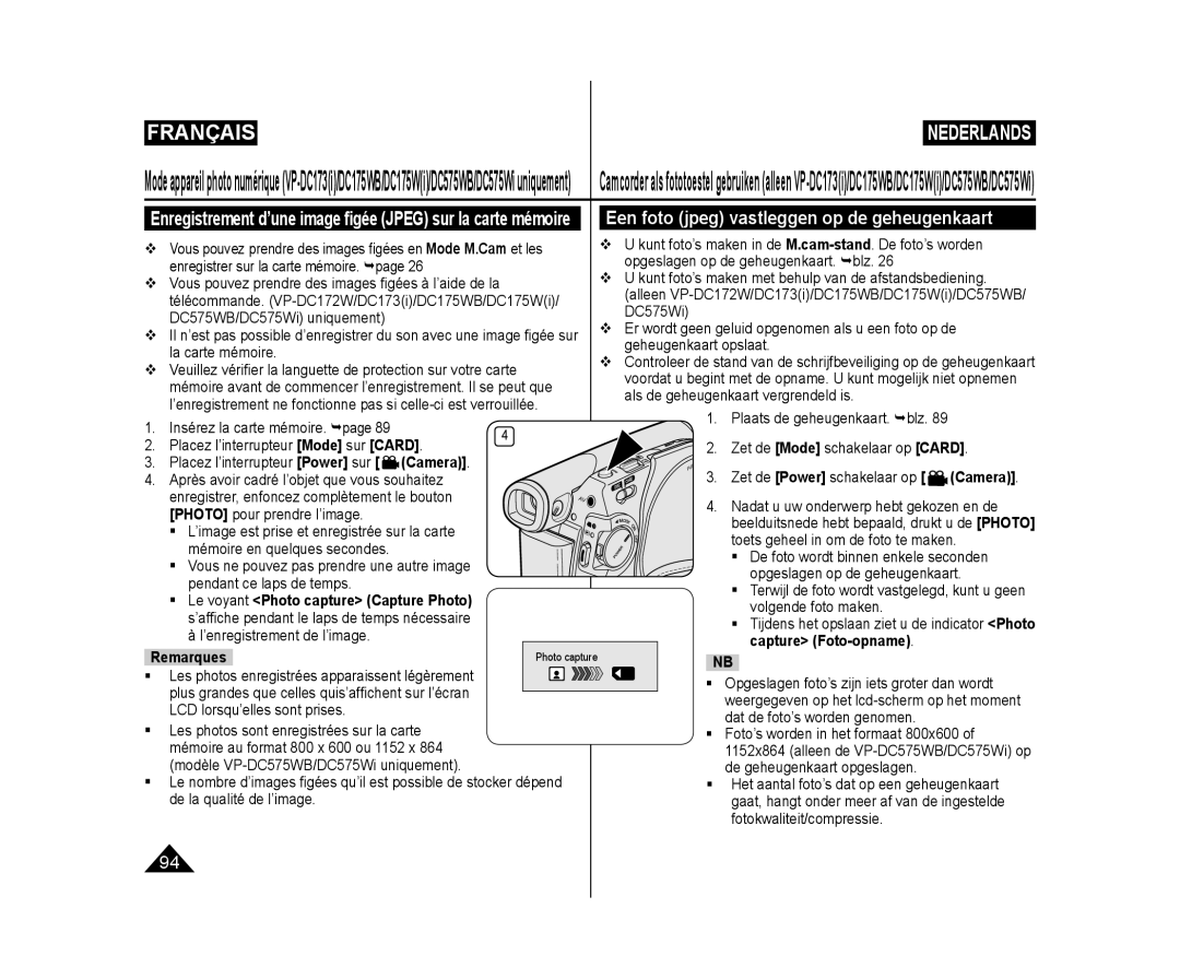 Samsung VP-DC171/BAT, VP-DC575WB/XEF, VP-DC175WB/XEF, VP-DC171W/KIT manual Een foto jpeg vastleggen op de geheugenkaart 