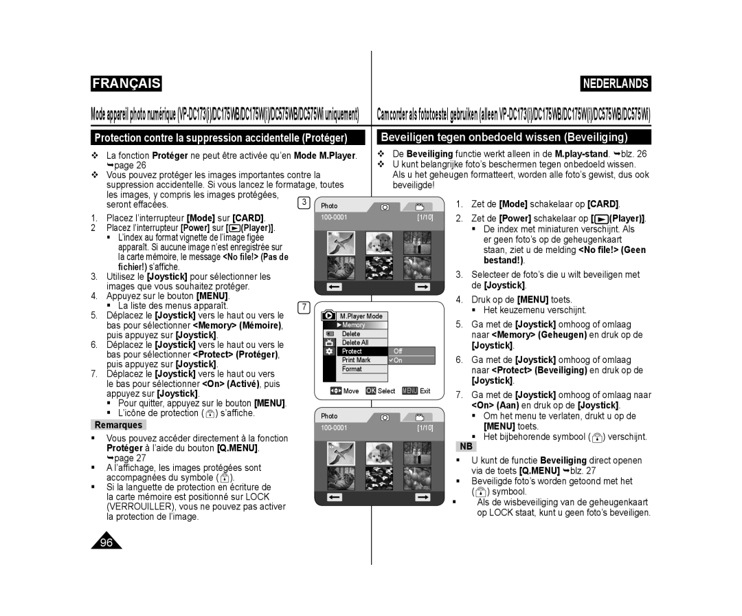 Samsung VP-DC575WB/XEF, VP-DC175WB/XEF manual Beveiligen tegen onbedoeld wissen Beveiliging, Bestand ﬁchier! s’afﬁche 