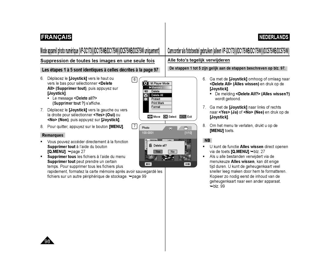 Samsung VP-DC171W/KIT, VP-DC575WB/XEF manual Alle foto’s tegelijk verwijderen, Supprimer tout à l’aide du bouton MENU. page 