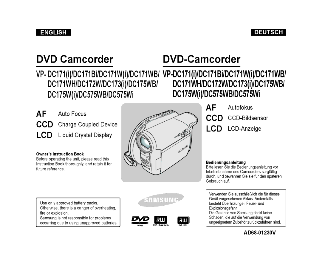 Samsung VP-DC175WB/XEF, VP-DC575WB/XEF manual Charge Coupled Device, CCD-Bildsensor, AD68-01230V, Owner’s Instruction Book 