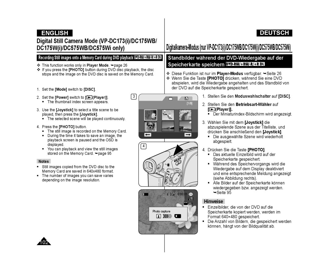 Samsung VP-DC575WB/XEU manual Hinweise,  This function works only in Player Mode. page, Stored on the Memory Card. page 