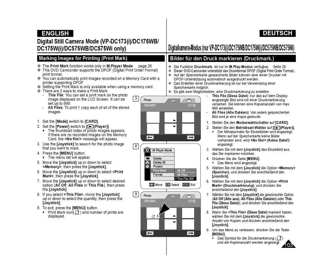 Samsung VP-DC173/XEF manual Bilder für den Druck markieren Druckmark, Marking Images for Printing Print Mark, Einstellen 