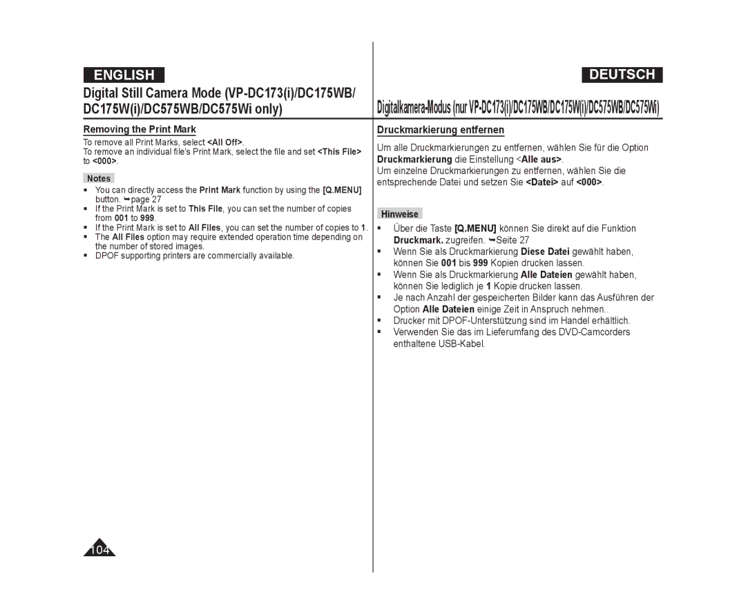 Samsung VP-DC171/BAT manual Druckmarkierung entfernen, Removing the Print Mark, To remove all Print Marks, select All Off 