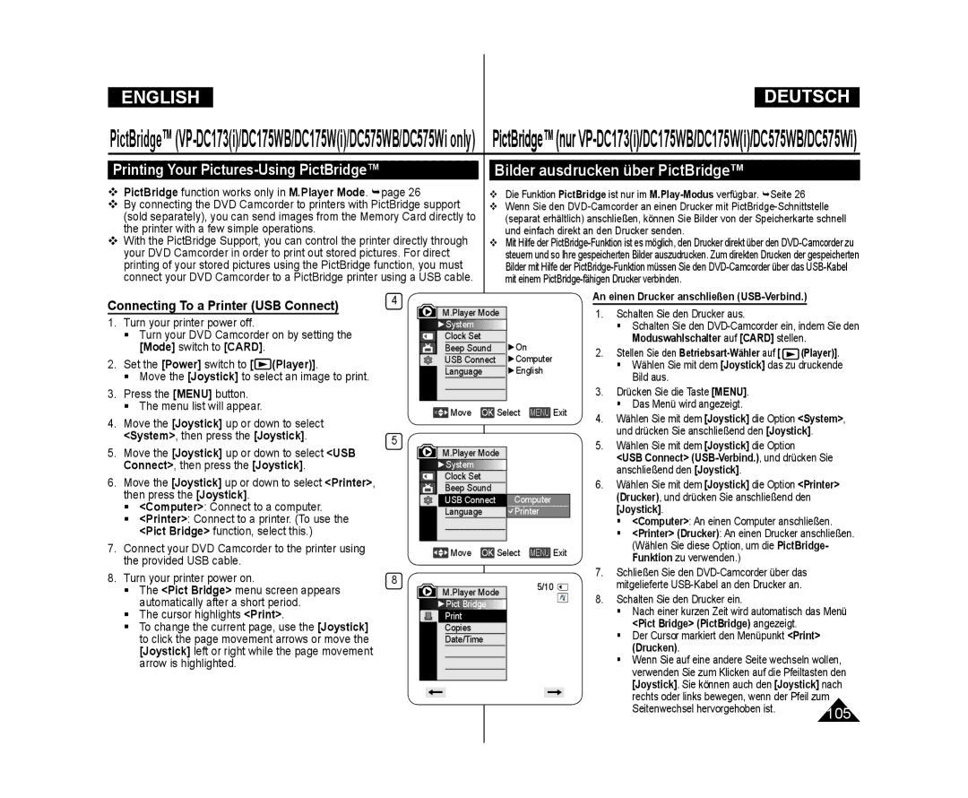 Samsung VP-DC171W/XEF, VP-DC575WB/XEF, VP-DC171W/KIT Connecting To a Printer USB Connect, Connect , then press the Joystick 