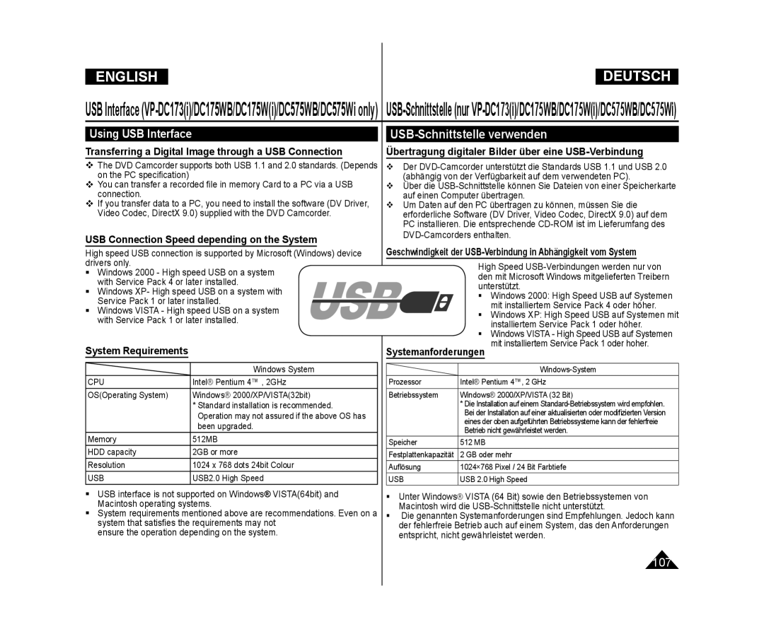 Samsung VP-DC175W/XEF manual USB-Schnittstelle verwenden, Using USB Interface, USB Connection Speed depending on the System 