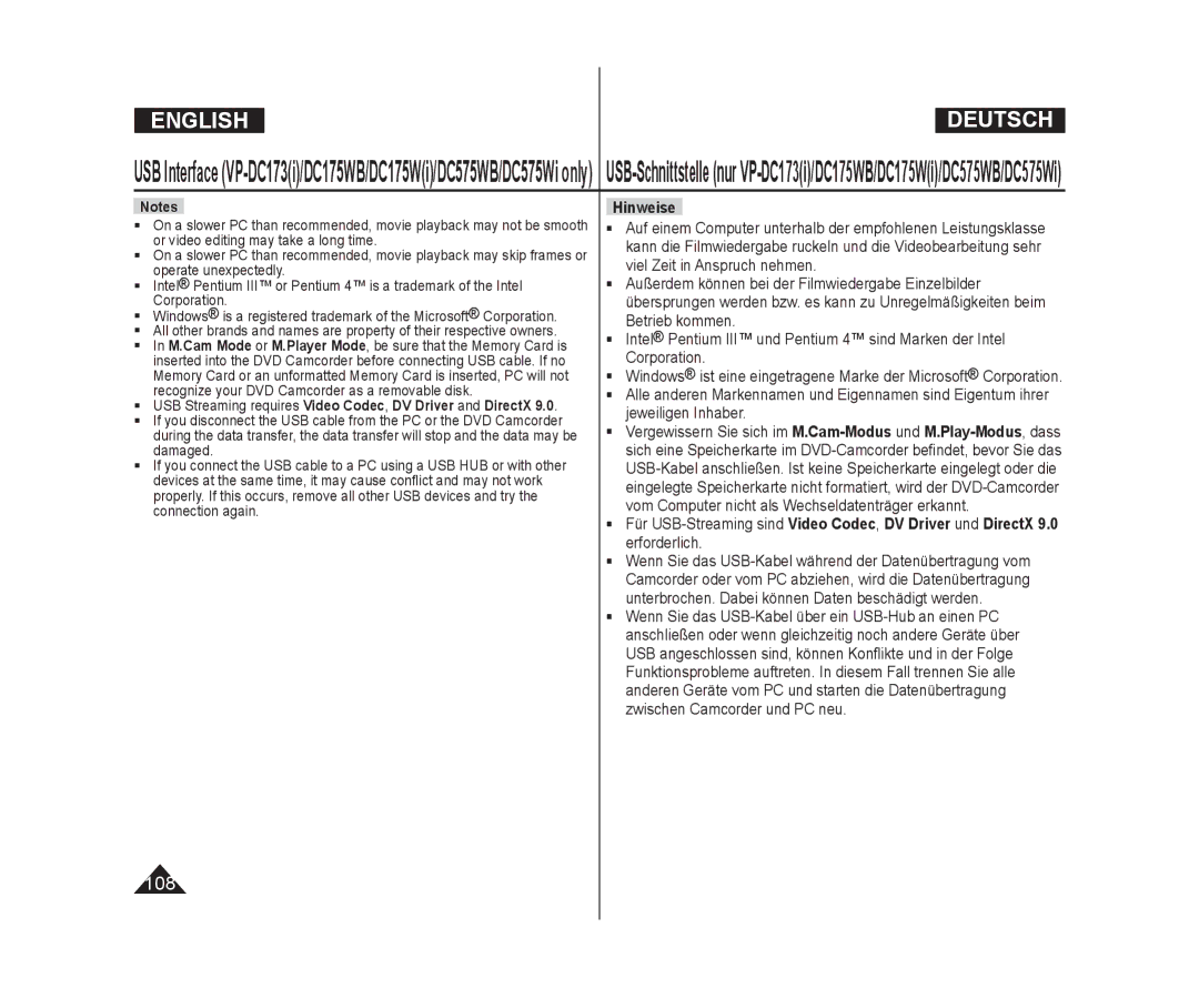 Samsung VP-DC171WH/XEF, VP-DC575WB/XEF, VP-DC175WB/XEF manual  USB Streaming requires Video Codec, DV Driver and DirectX 