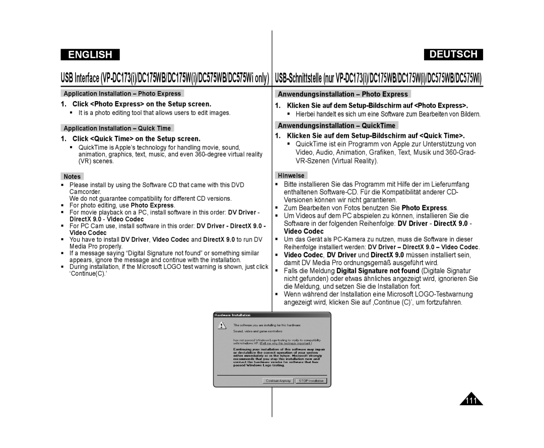 Samsung VP-DC175WB/XEO, VP-DC575WB/XEF, VP-DC175WB/XEF  Zum Bearbeiten von Fotos benutzen Sie Photo Express, Video Codec 