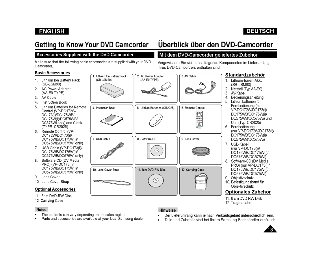 Samsung VP-DC175WB/XEO manual Accessories Supplied with the DVD Camcorder, Mit dem DVD-Camcorder geliefertes Zubehör 