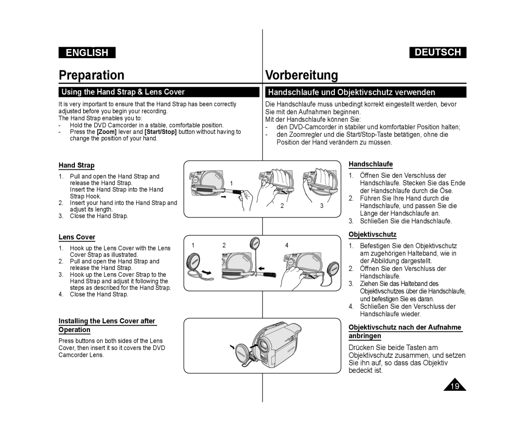 Samsung VP-DC175WI/UMG, VP-DC575WB/XEF manual Handschlaufe und Objektivschutz verwenden, Using the Hand Strap & Lens Cover 