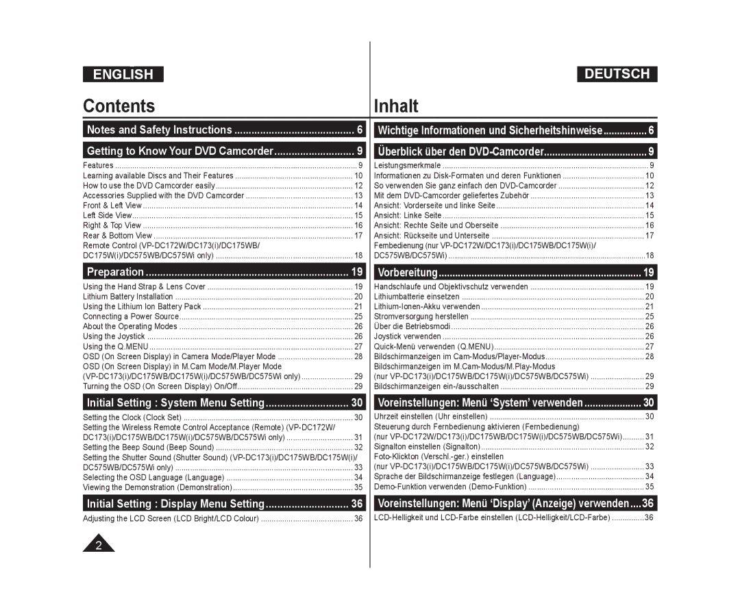 Samsung VP-DC171W/KIT, VP-DC575WB/XEF, VP-DC175WB/XEF, VP-DC171/XEF, VP-DC575WB/XEU, VP-DC173/XEF, VP-DC171/BAT ContentsInhalt 