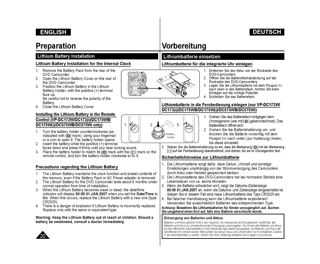 Samsung VP-DC175WB/AND, VP-DC575WB/XEF Preparation Vorbereitung, Lithiumbatterie einsetzen, Lithium Battery Installation 