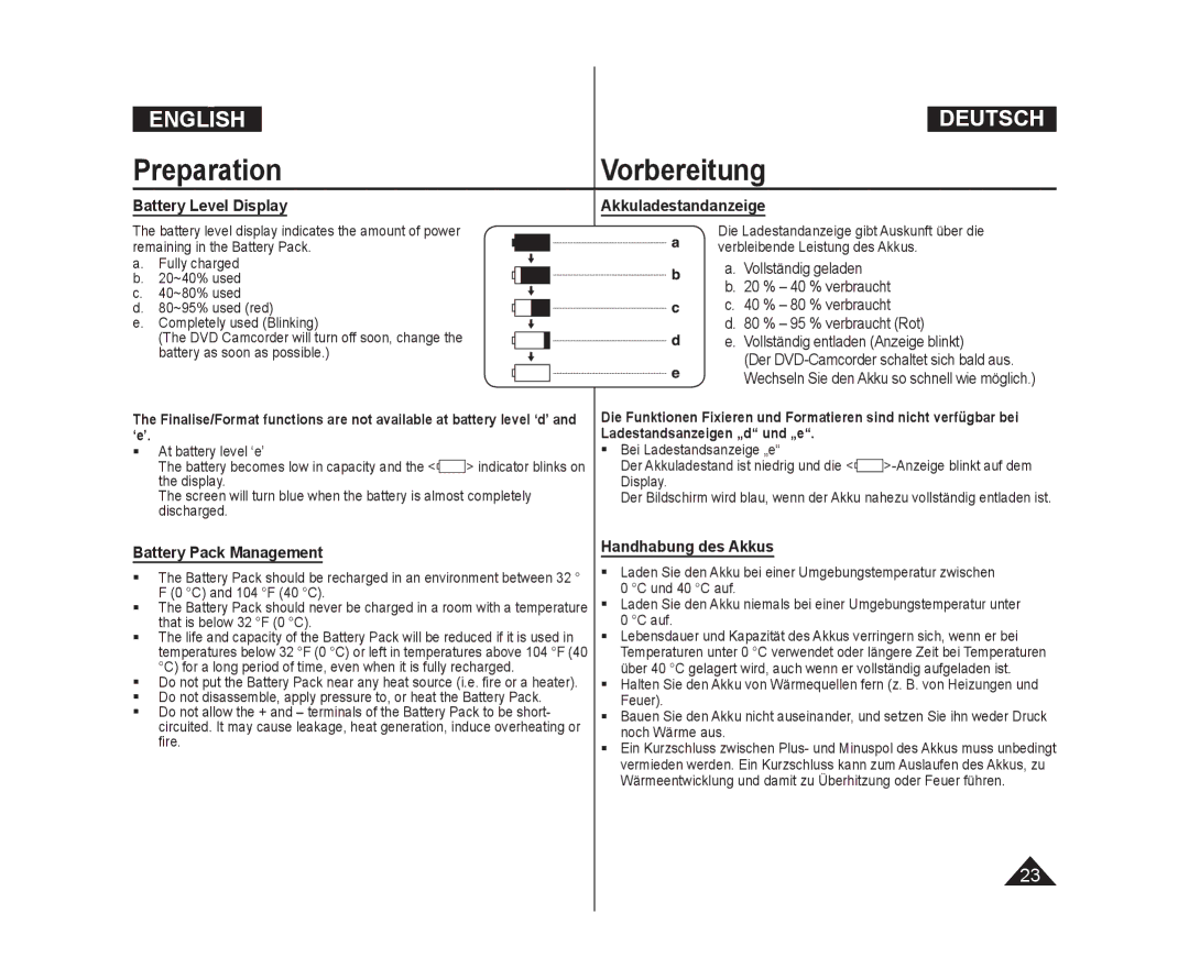 Samsung VP-DC575WI/MEA manual Battery Level Display, Akkuladestandanzeige, Battery Pack Management, Handhabung des Akkus 