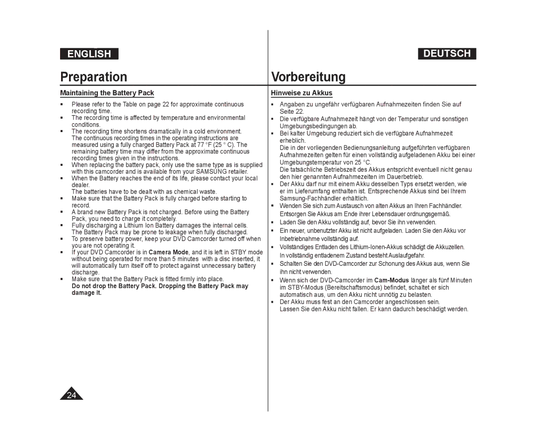 Samsung VP-DC171WI/HAC manual Maintaining the Battery Pack,  Der Akku muss fest an den Camcorder angeschlossen sein 