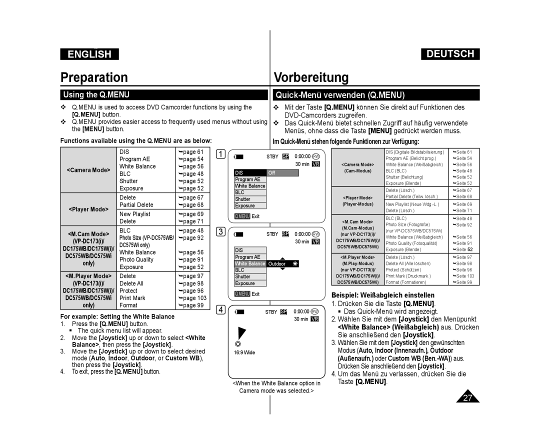 Samsung VP-DC171WB/CAN, VP-DC575WB/XEF, VP-DC175WB/XEF, VP-DC171W/KIT manual Quick-Menü verwenden Q.MENU, Using the Q.MENU 