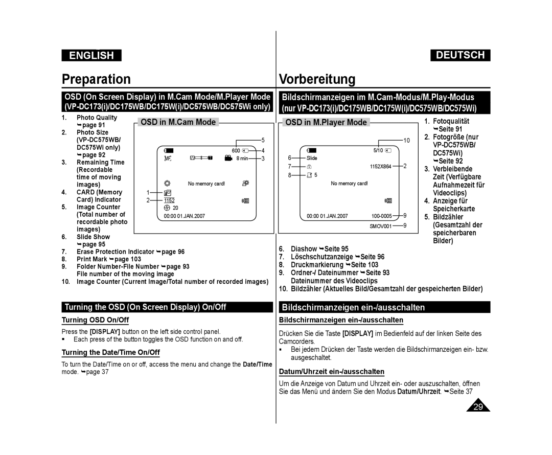 Samsung VP-DC175WB/KNT, VP-DC575WB/XEF OSD in M.Cam Mode, OSD in M.Player Mode, Turning the OSD On Screen Display On/Off 