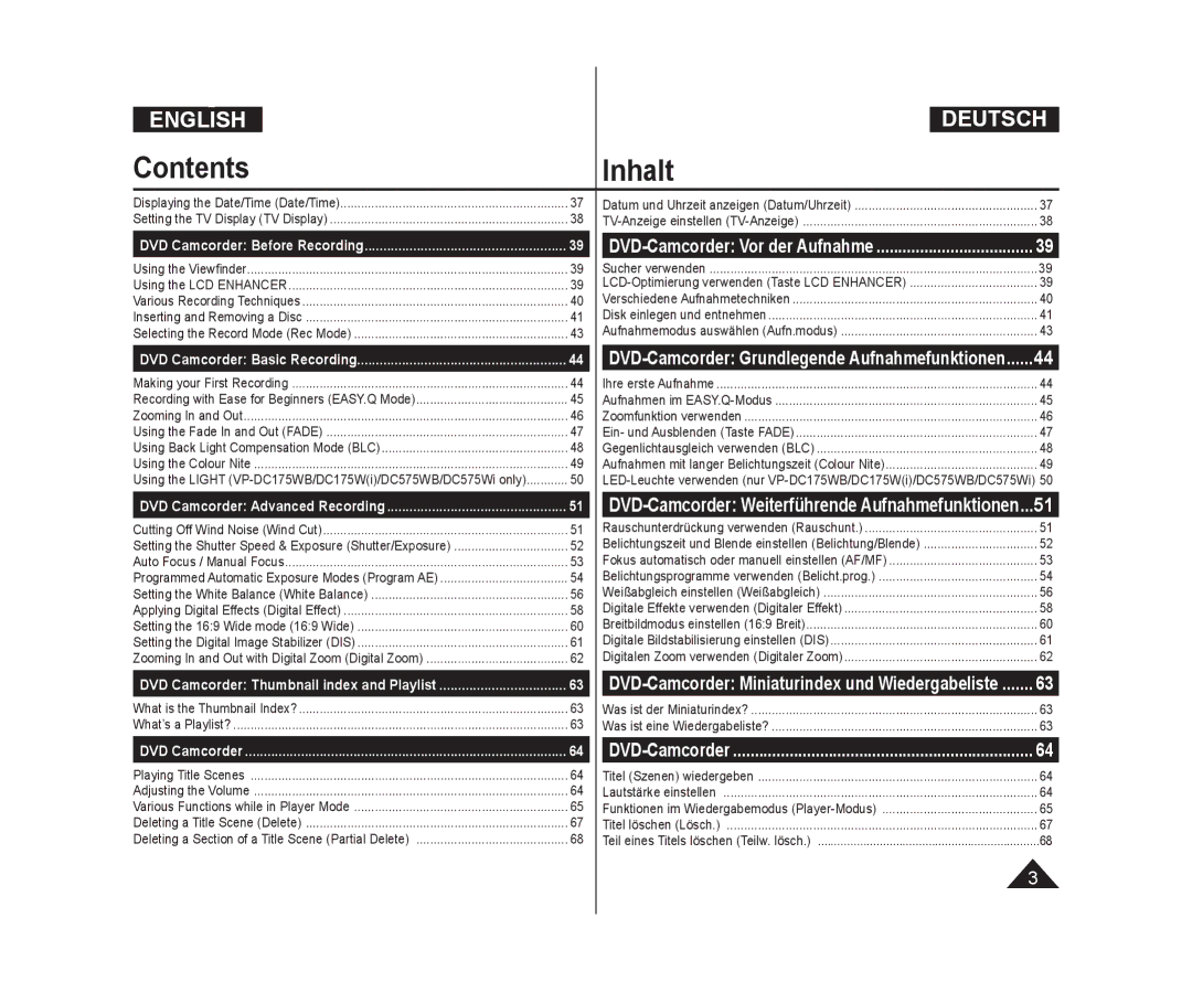 Samsung VP-DC171/XEF, VP-DC575WB/XEF, VP-DC175WB/XEF, VP-DC171W/KIT, VP-DC575WB/XEU, VP-DC173/XEF, VP-DC171/BAT Contents Inhalt 