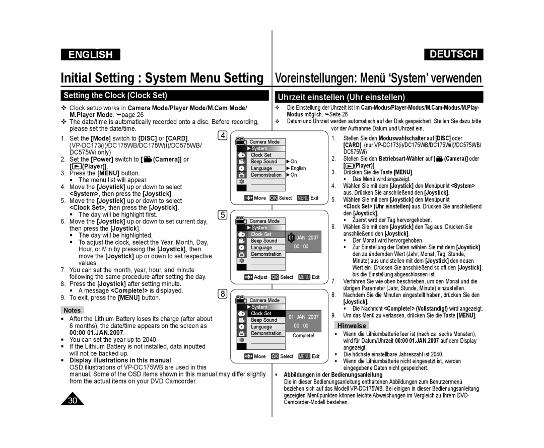 Samsung VP-DC171I/UMG manual Camera or, Player, System , then press the Joystick, Clock Set , then press the Joystick 