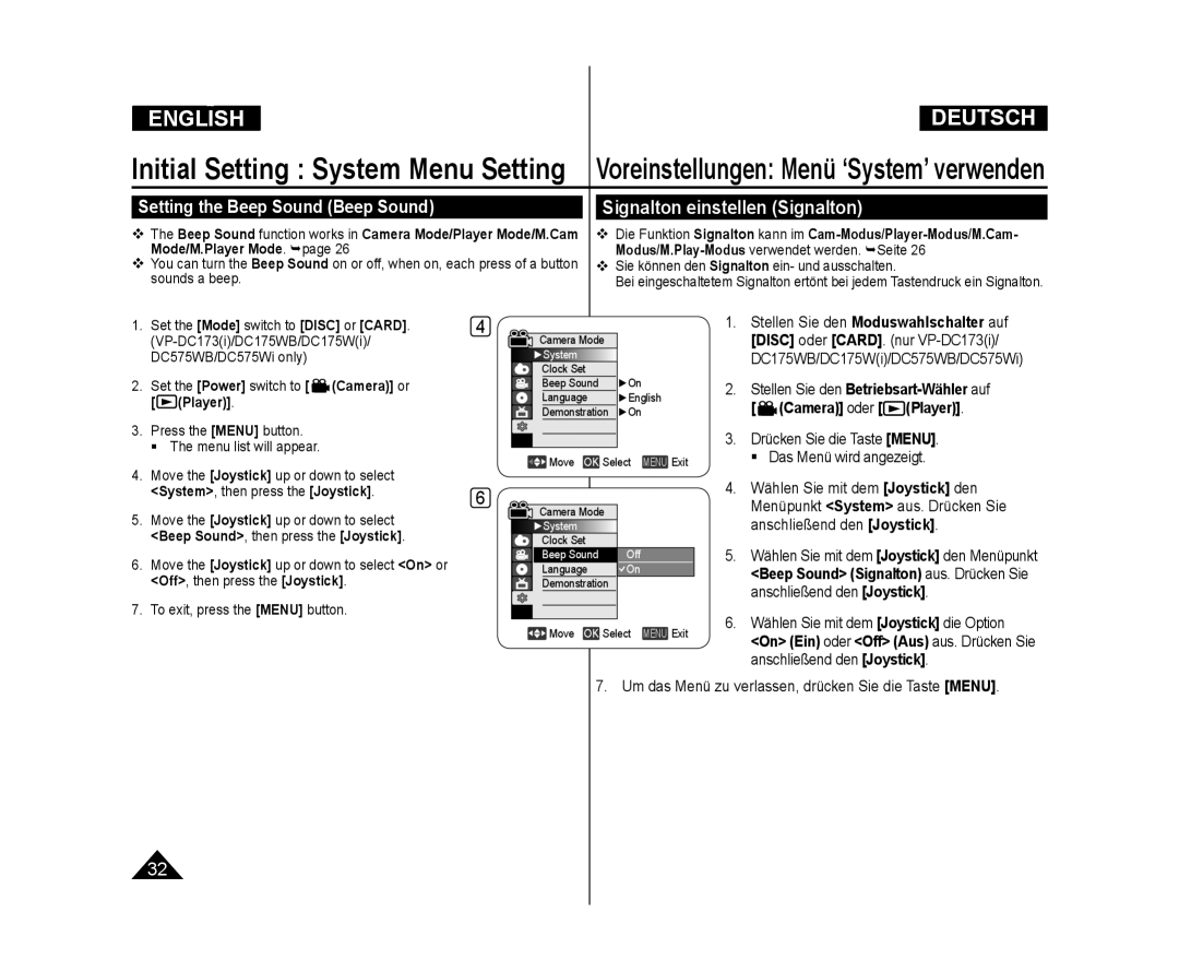 Samsung VP-DC175WI/MEA, VP-DC575WB/XEF manual Signalton einstellen Signalton, Setting the Beep Sound Beep Sound, Camera or 