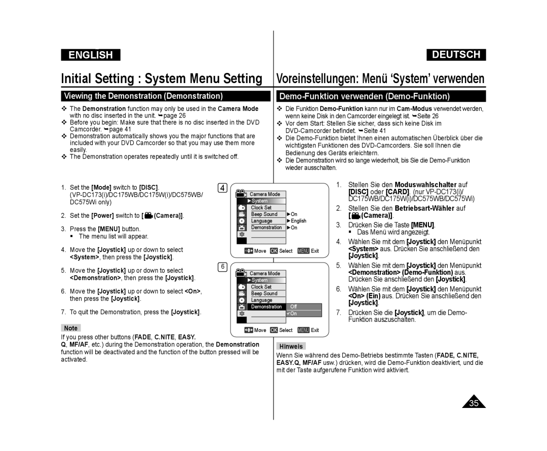 Samsung VP-DC175WB/XEE, VP-DC575WB/XEF manual Viewing the Demonstration Demonstration, Demo-Funktion verwenden Demo-Funktion 