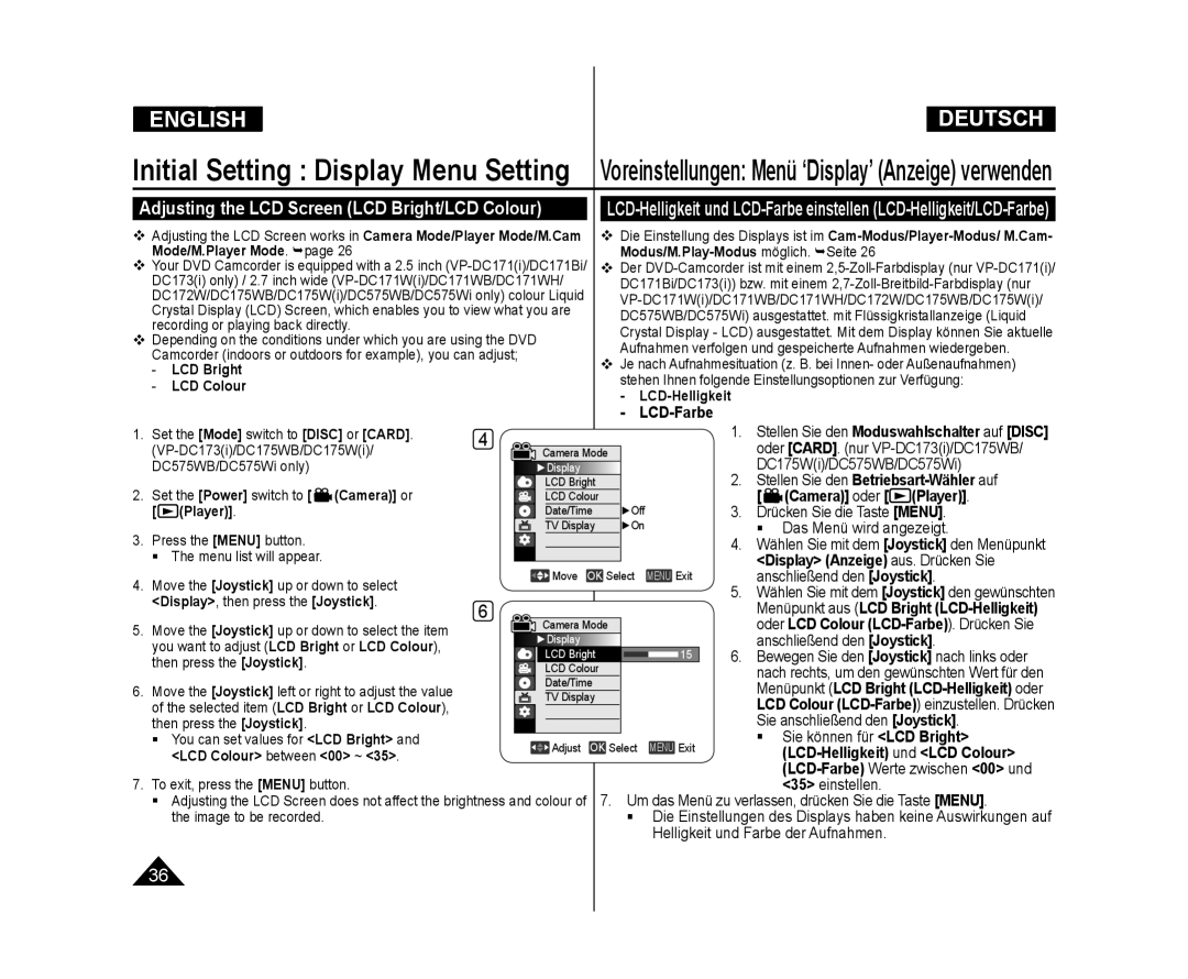 Samsung VP-DC575WB/XEO, VP-DC575WB/XEF, VP-DC175WB/XEF, VP-DC171W/KIT manual Adjusting the LCD Screen LCD Bright/LCD Colour 