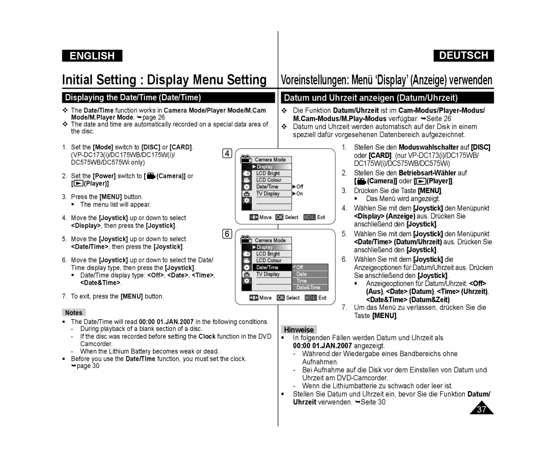 Samsung VP-DC172W/XEE, VP-DC575WB/XEF manual Displaying the Date/Time Date/Time, Datum und Uhrzeit anzeigen Datum/Uhrzeit 