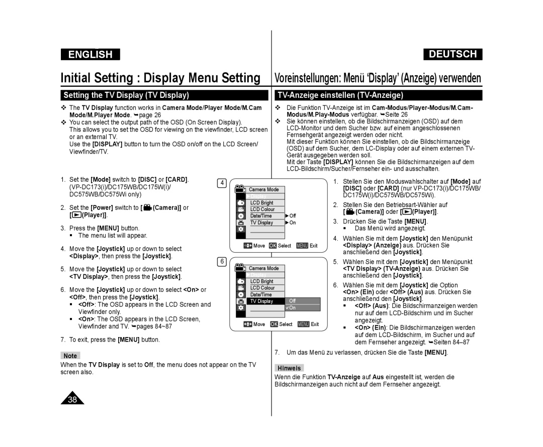 Samsung VP-DC175WB/NWT Drücken Sie die Taste Menu  Das Menü wird angezeigt, Hinweis, LCD Bright LCD Colour Date/Time 