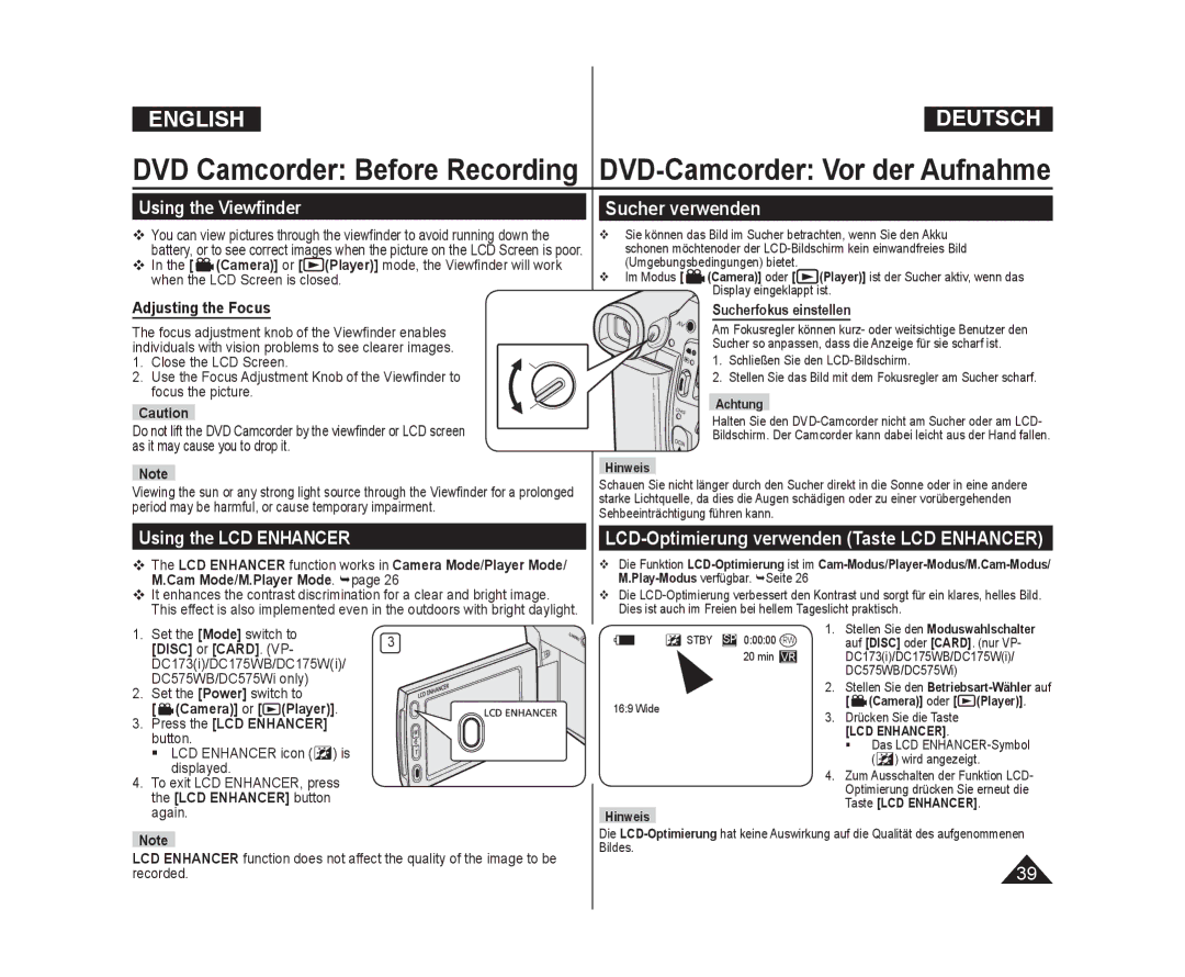 Samsung VP-DC171/NWT, VP-DC575WB/XEF, VP-DC175WB/XEF manual Using the Viewﬁnder, Sucher verwenden, Using the LCD Enhancer 