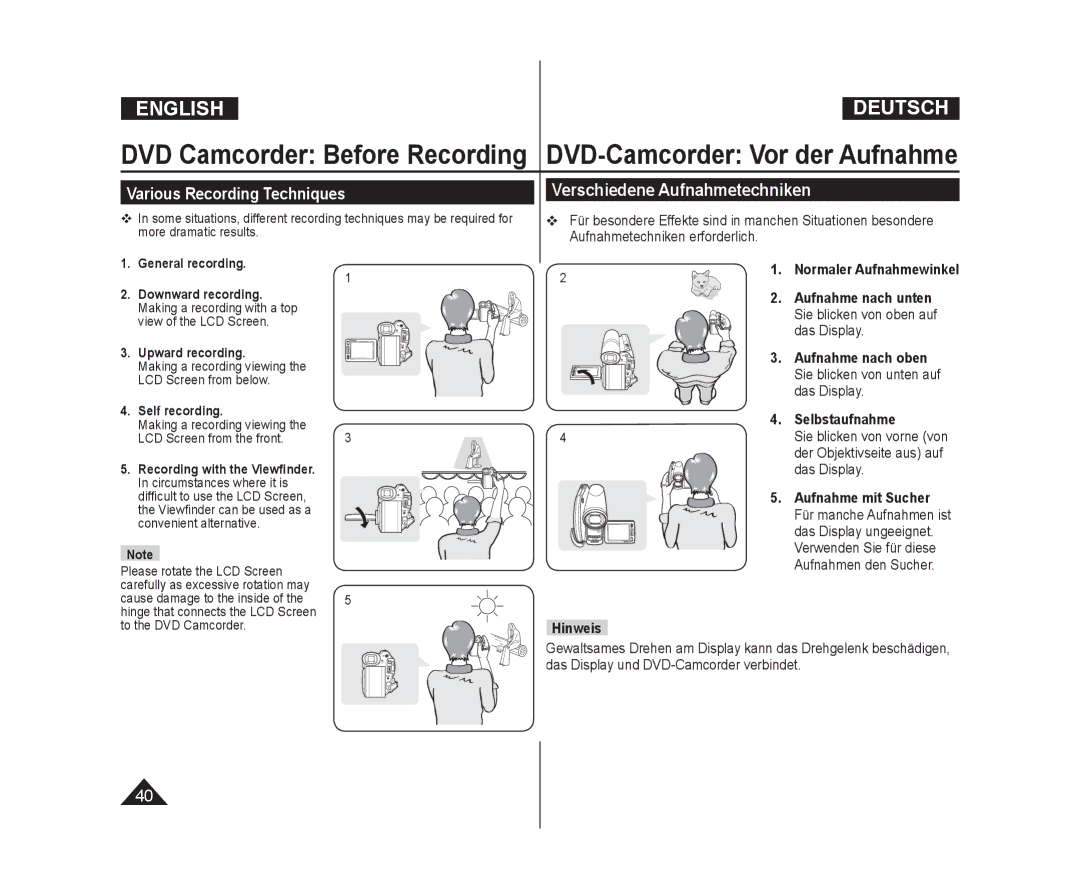 Samsung VP-DC575WB/NWT, VP-DC575WB/XEF, VP-DC175WB/XEF manual Various Recording Techniques, Verschiedene Aufnahmetechniken 