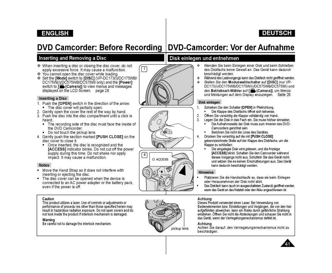 Samsung VP-DC171I/XER, VP-DC575WB/XEF manual Inserting and Removing a Disc, Disk einlegen und entnehmen, Inserting a Disc 