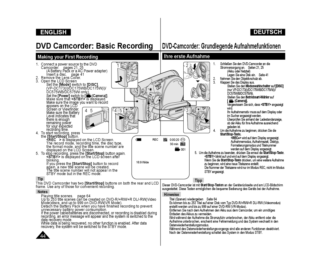 Samsung VP-DC171I/XEK manual DVD Camcorder Basic Recording, Making your First Recording Ihre erste Aufnahme, Tipp 