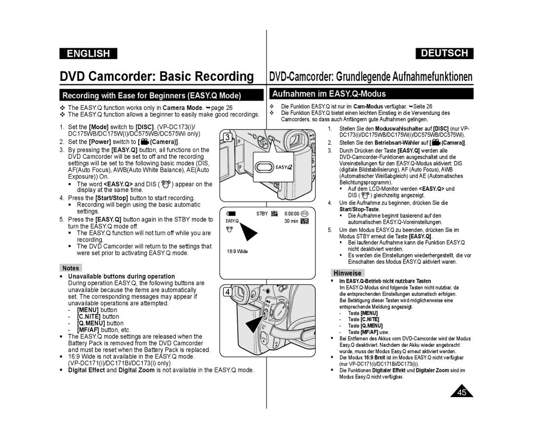 Samsung VP-DC575WI/XEK Aufnahmen im EASY.Q-Modus, Recording with Ease for Beginners EASY.Q Mode, Menu button Nite button 