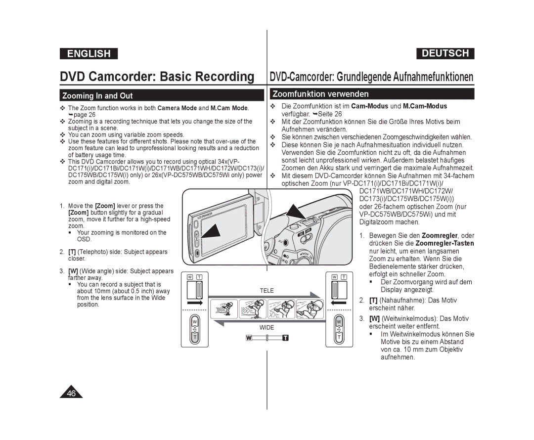 Samsung VP-DC575WI/XER, VP-DC575WB/XEF, VP-DC175WB/XEF, VP-DC171W/KIT manual Zooming In and Out, Zoomfunktion verwenden 