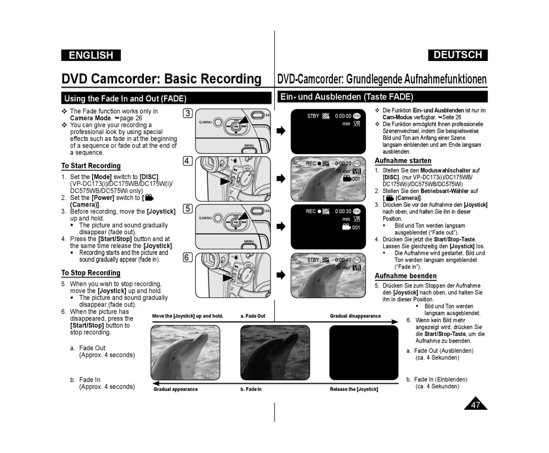 Samsung VP-DC175WI/COL To Start Recording, Aufnahme starten, To Stop Recording, Aufnahme beenden, Start/Stop button to 