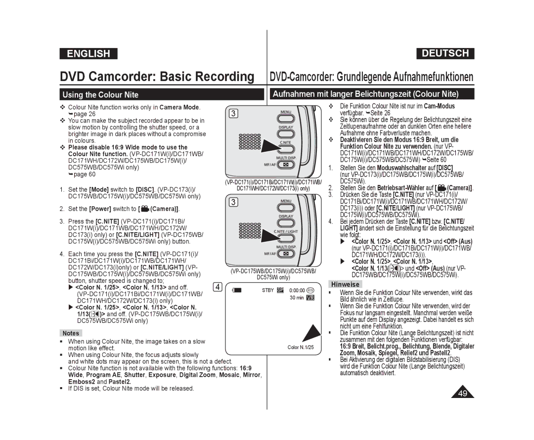 Samsung VP-DC575WB/XEF manual Using the Colour Nite, Aufnahmen mit langer Belichtungszeit Colour Nite, Emboss2 and Pastel2 