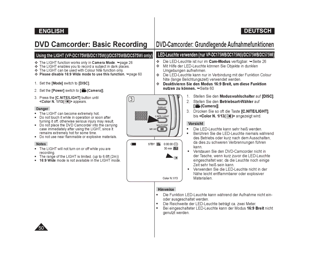 Samsung VP-DC175WB/XEF, VP-DC575WB/XEF manual DVD-Camcorder Grundlegende Aufnahmefunktionen, Color N /13 appears, Vorsicht 