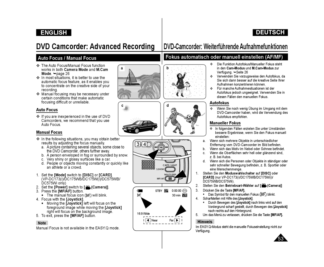 Samsung VP-DC575WB/XEU, VP-DC575WB/XEF manual Auto Focus / Manual Focus, Fokus automatisch oder manuell einstellen AF/MF 