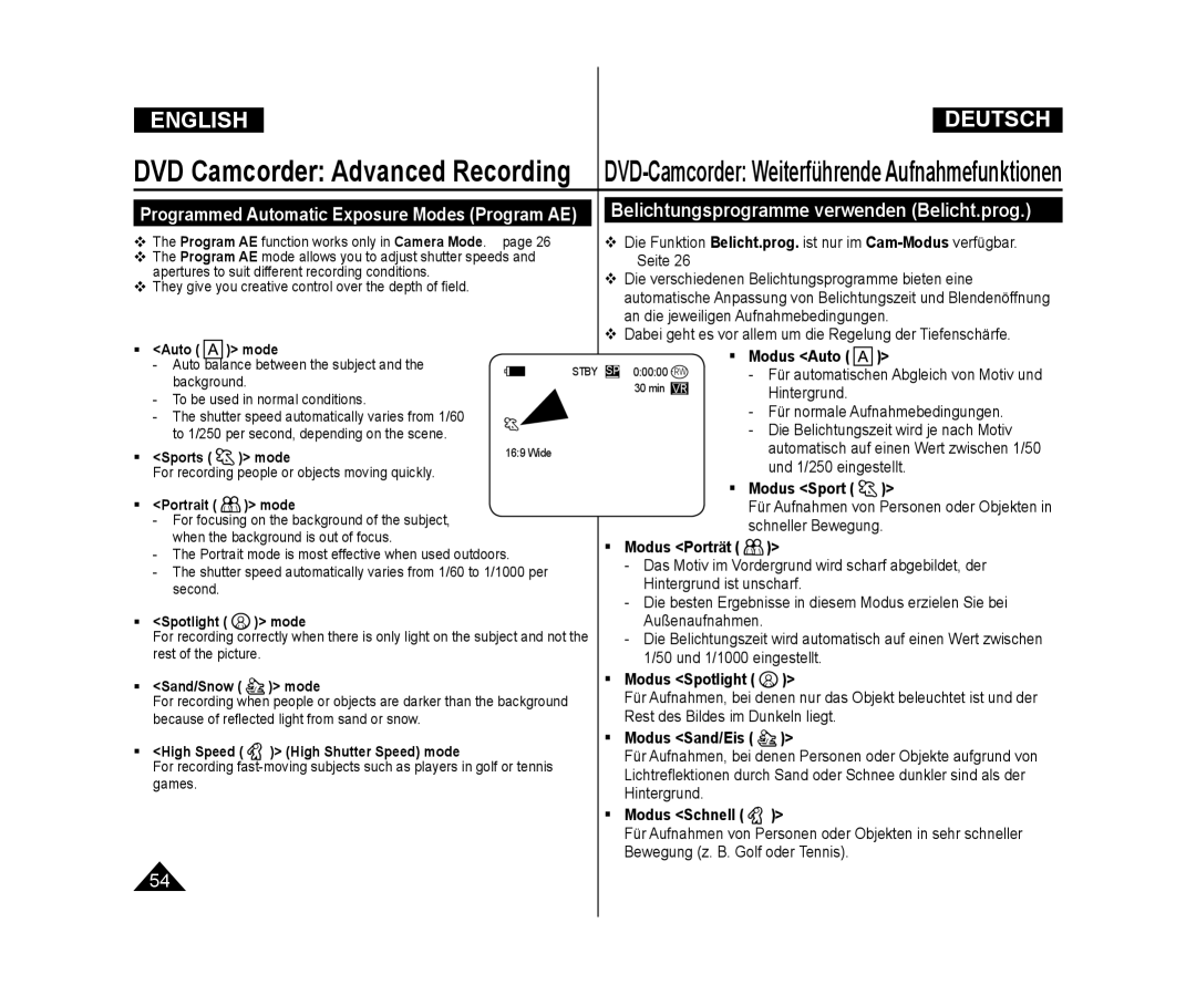 Samsung VP-DC173/XEF, VP-DC575WB/XEF, VP-DC175WB/XEF, VP-DC171W/KIT, VP-DC171/XEF Belichtungsprogramme verwenden Belicht.prog 